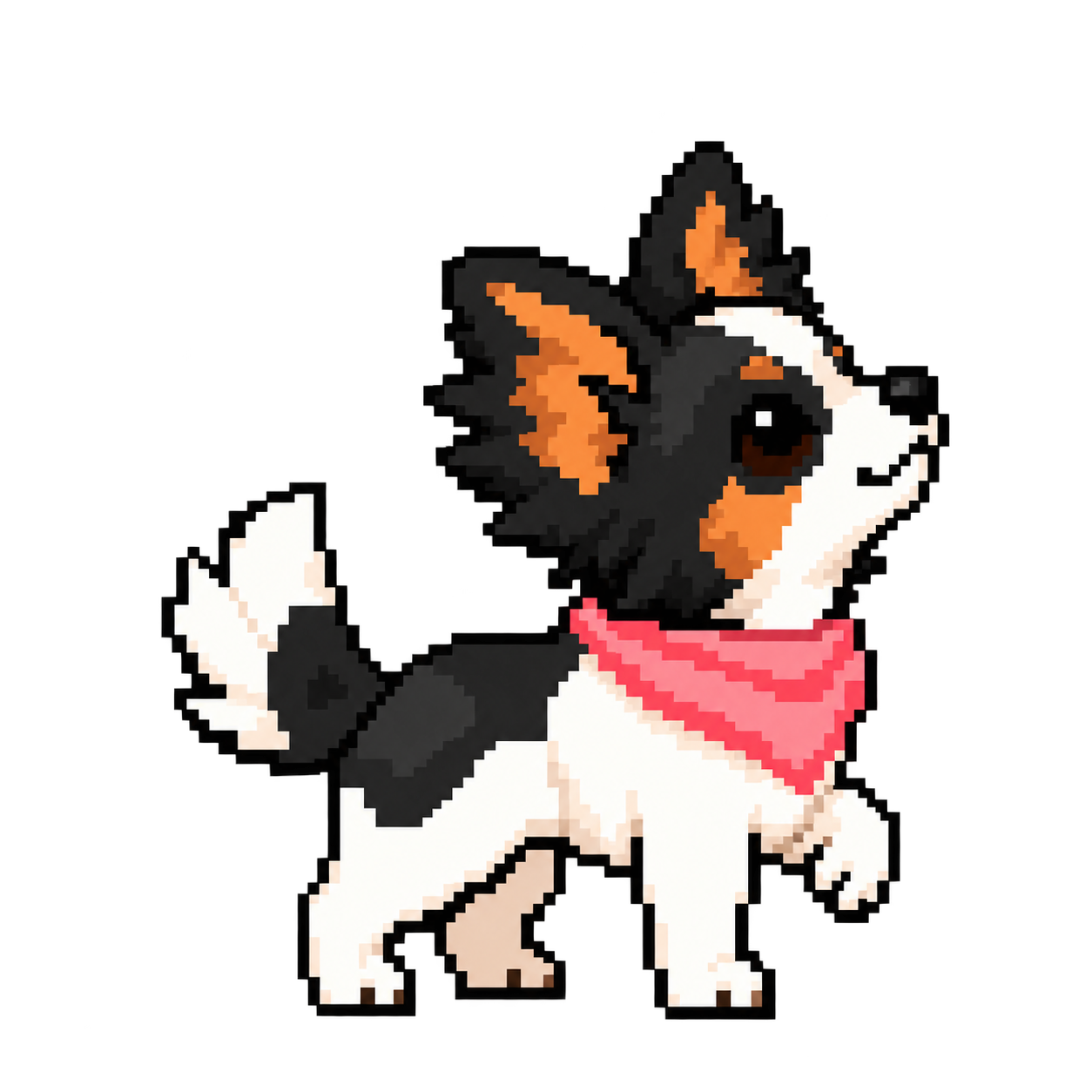Lucy, a curious tricolor pixel-art dog, looking up at a butterfly.