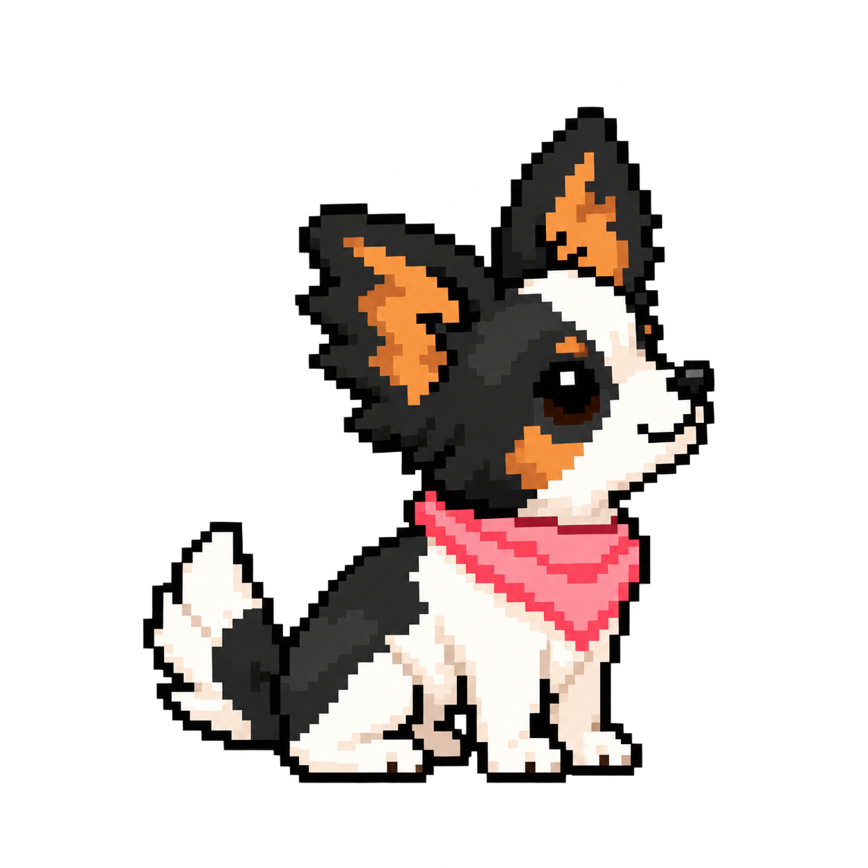 Lucy, a tricolor pixel-art dog, sitting and looking up.