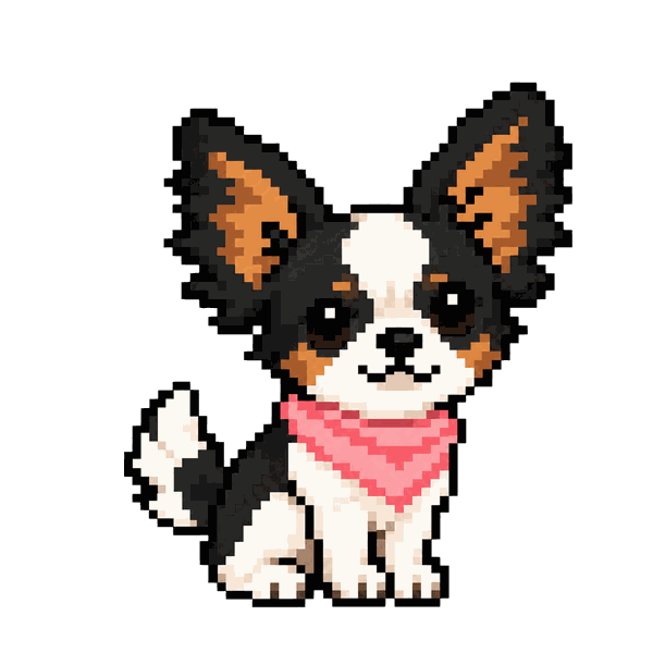 Lucy, a curious tricolor pixel-art dog, sitting and watching.